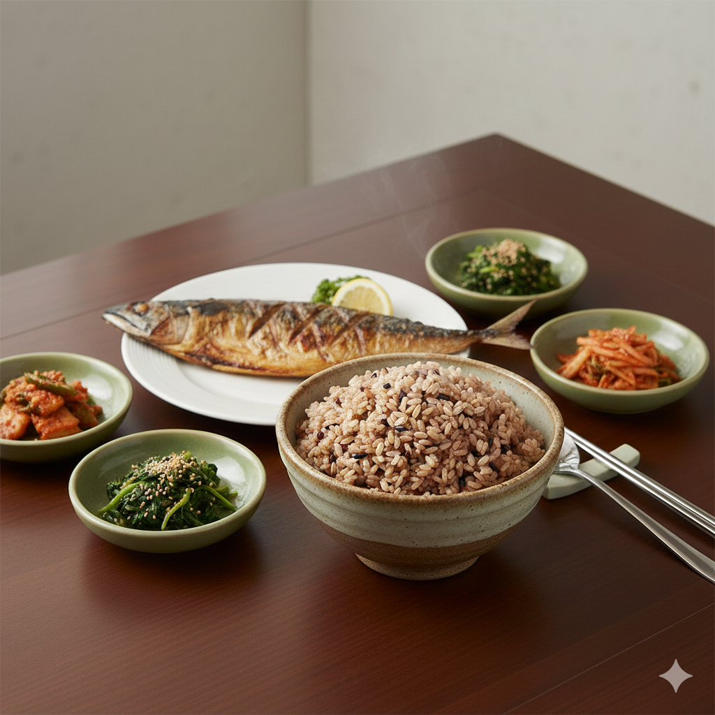 각종 나물, 고등어 구이와 함께 먹으면 좋은 현미쌀밥