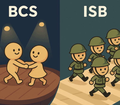 BCS 이론은 두 전자가 짝을 이루는 커플 춤 형태, ISB 이론은 전자들이 줄 맞춰 행진하는 병사 형태로 표현된 일러스트.