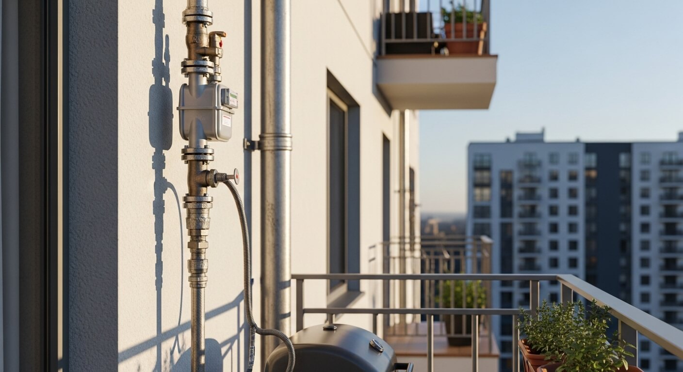 아파트 발코니 외벽에 설치된 도시가스 계량기와 배관