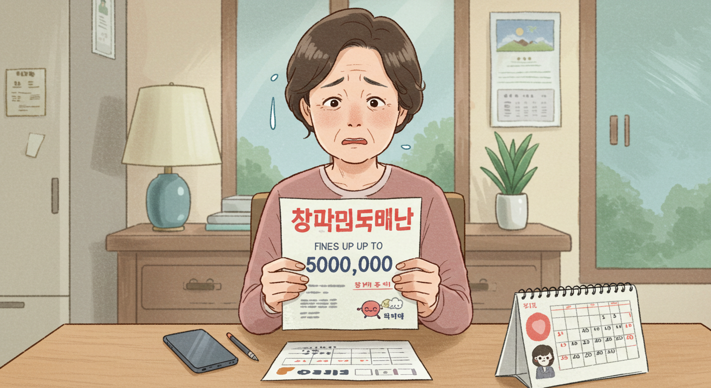 과태료 안내문을 보고 걱정하는 중년 여성