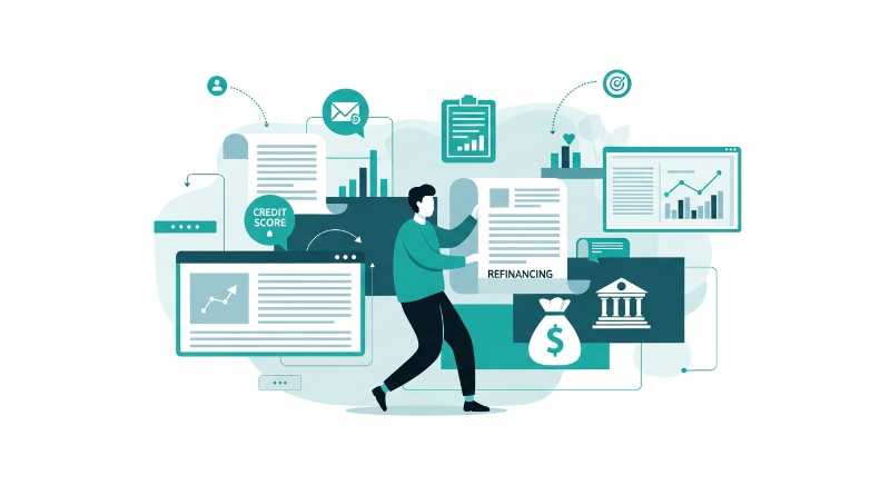 신용 점수와 재정 서류를 확인하며 대출 전략을 세우는 사람의 모습, 현명한 금융 결정을 상징