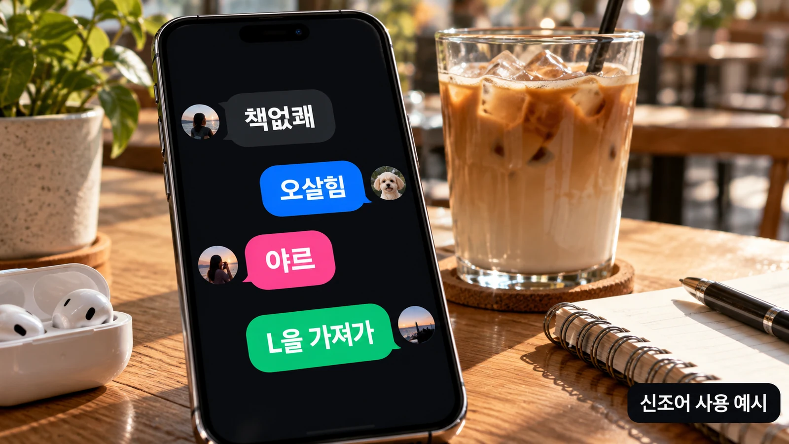책없쾌 오살힘 야르 L을 가져가 신조어를 스마트폰 채팅으로 표현한 대화 예시