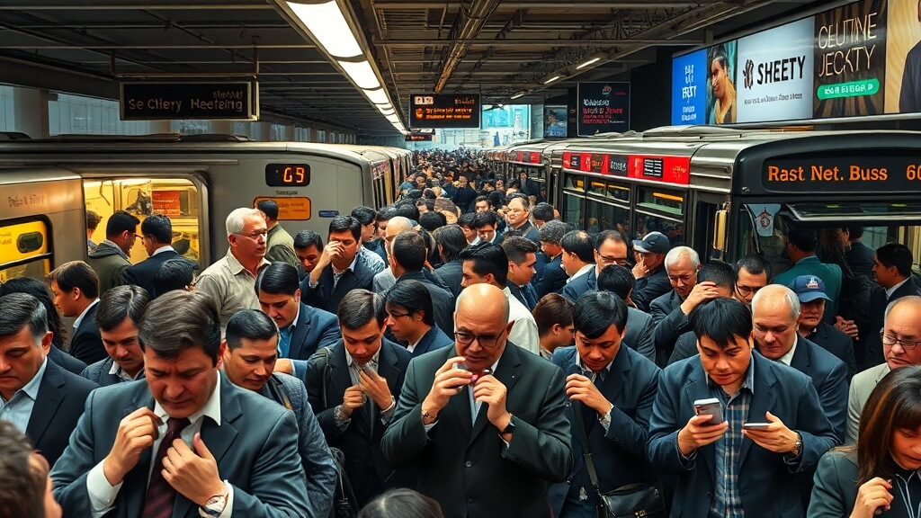 철도 총파업으로 인해 사람들로 가득 찬 만원 지하철과 도로를 가득 메운 버스, 그리고 힘겹게 이동하는 시민들의 모습.
