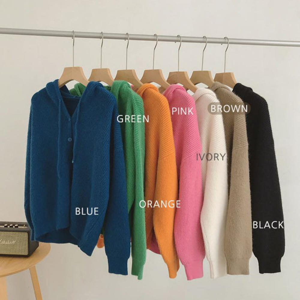 후드가디건 골지 니트 단추 핑크색 초록 가디건 후드니트가디건