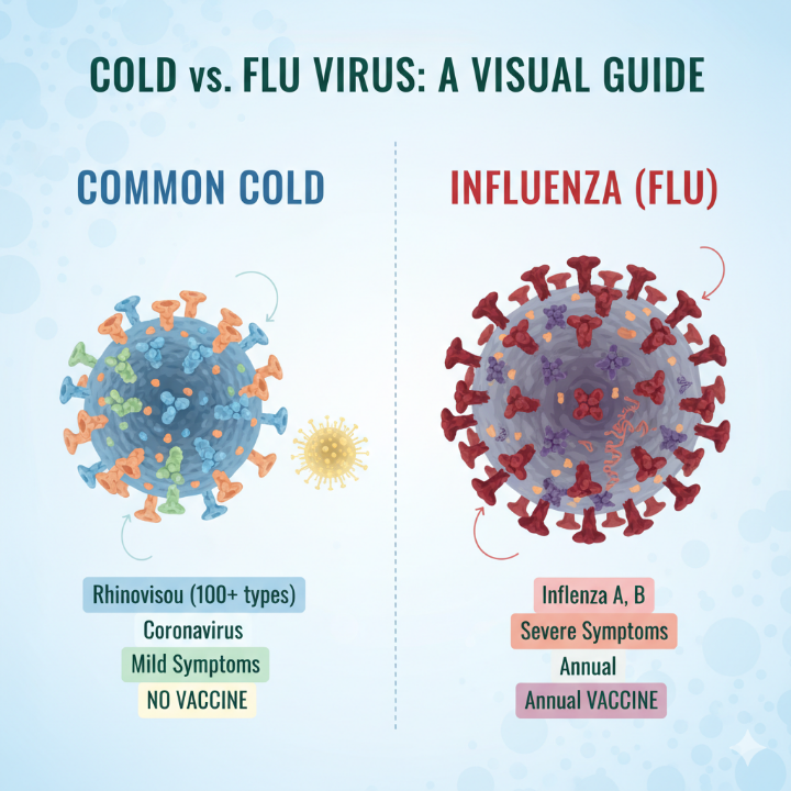 감기 바이러스와 인플루엔자 바이러스의 차이를 설명하는 도식