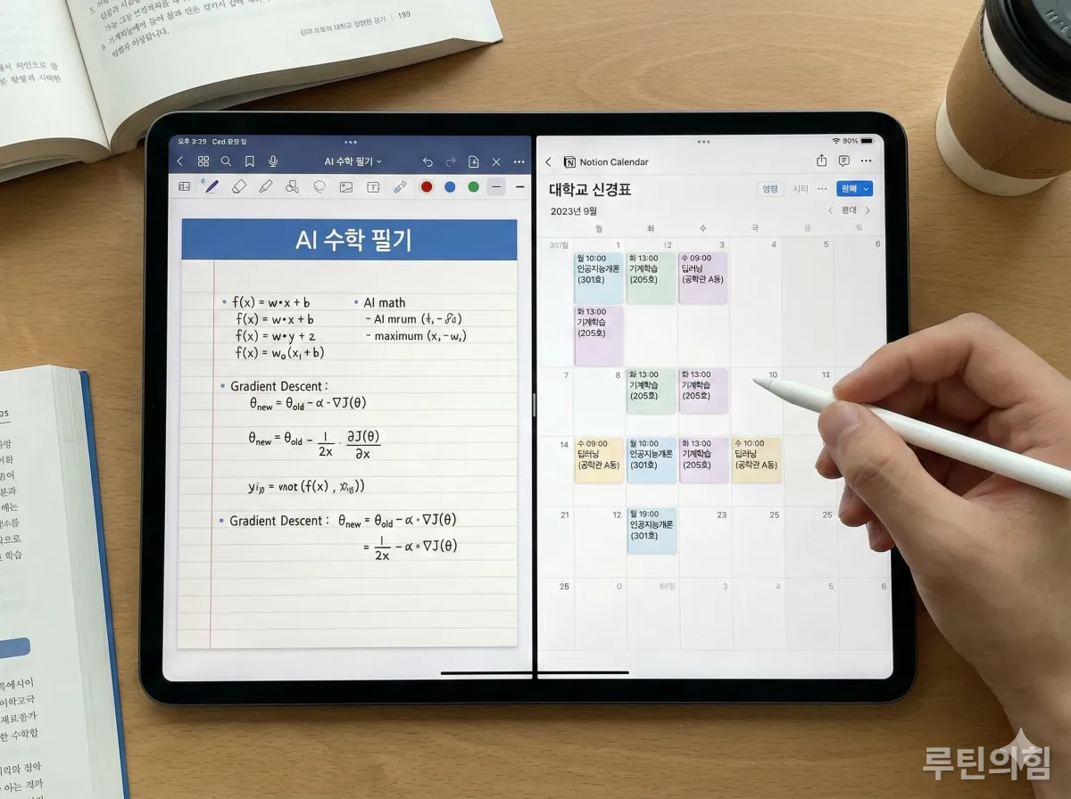 굿노트 AI 수식 기능과 노션 캘린더가 실행된 아이패드 화면