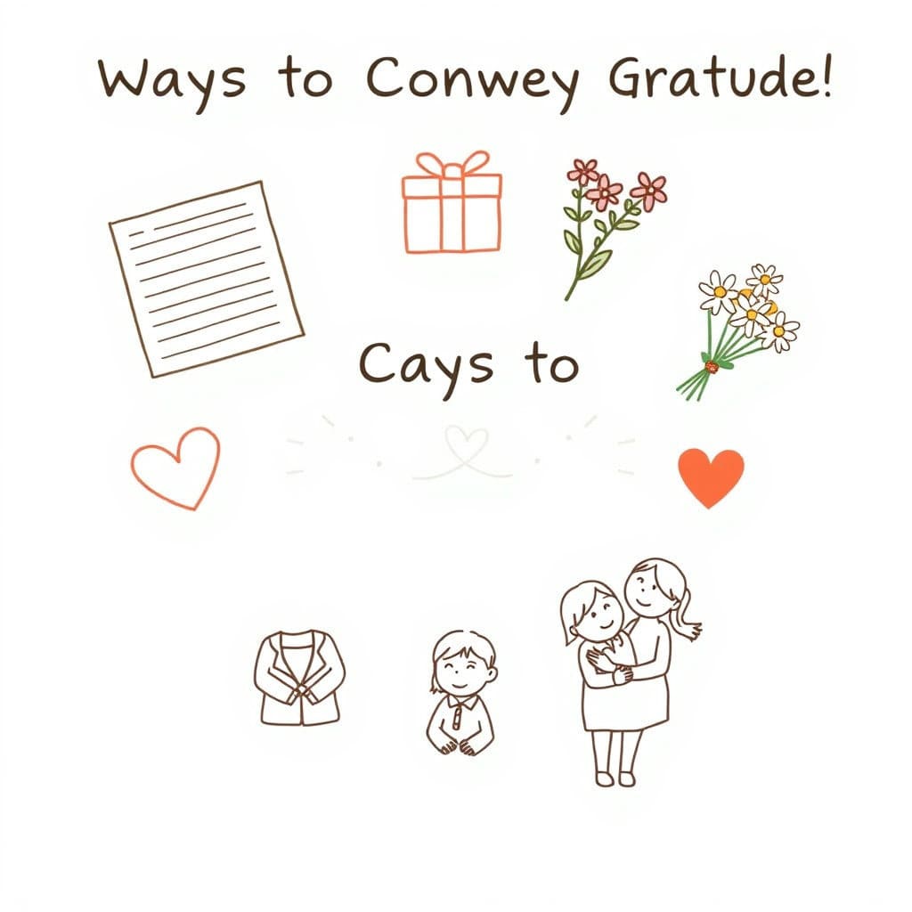 손 편지, 작은 선물, 꽃, 그리고 선생님과 아이가 함께 웃는 모습을 연상시키는 아이콘이나 작은 오브제들이 조합된 이미지입니다. 직접적인 선물을 보여주기보다 감사의 마음 전달이라는 행위의 의미를 강조하는 추상적이거나 상징적인 디자인입니다. 깔끔하고 이해하기 쉬운 인포그래픽 또는 플랫 디자인 스타일입니다.