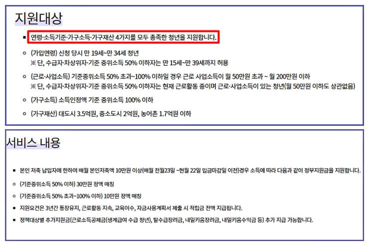 청년내일저축 지원대상을 표기한 표