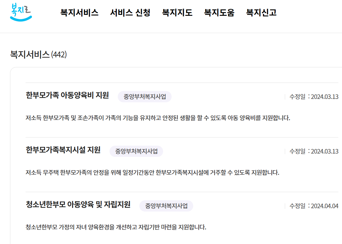 복지로 한부모가정 지원 내용