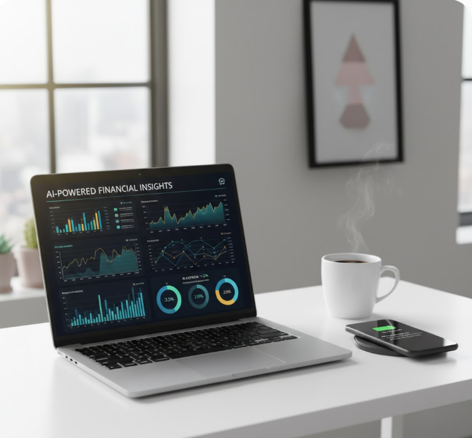 AI 금융 분석, 스마트폰, 커피가 있는 현대적 작업 공간