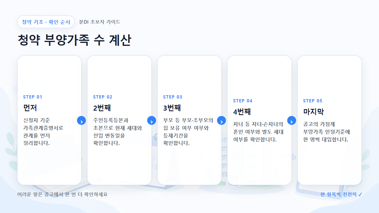청약 부양가족 수 계산 확인 순서를 다섯 단계로 보여주는 흐름도