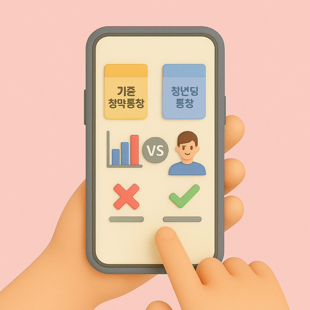 스마트폰 화면에 기존 청약통장과 청년드림청약통장의 차이를 비교하는 3D 일러스트. 이율과 조건을 나란히 보여주는 장면.