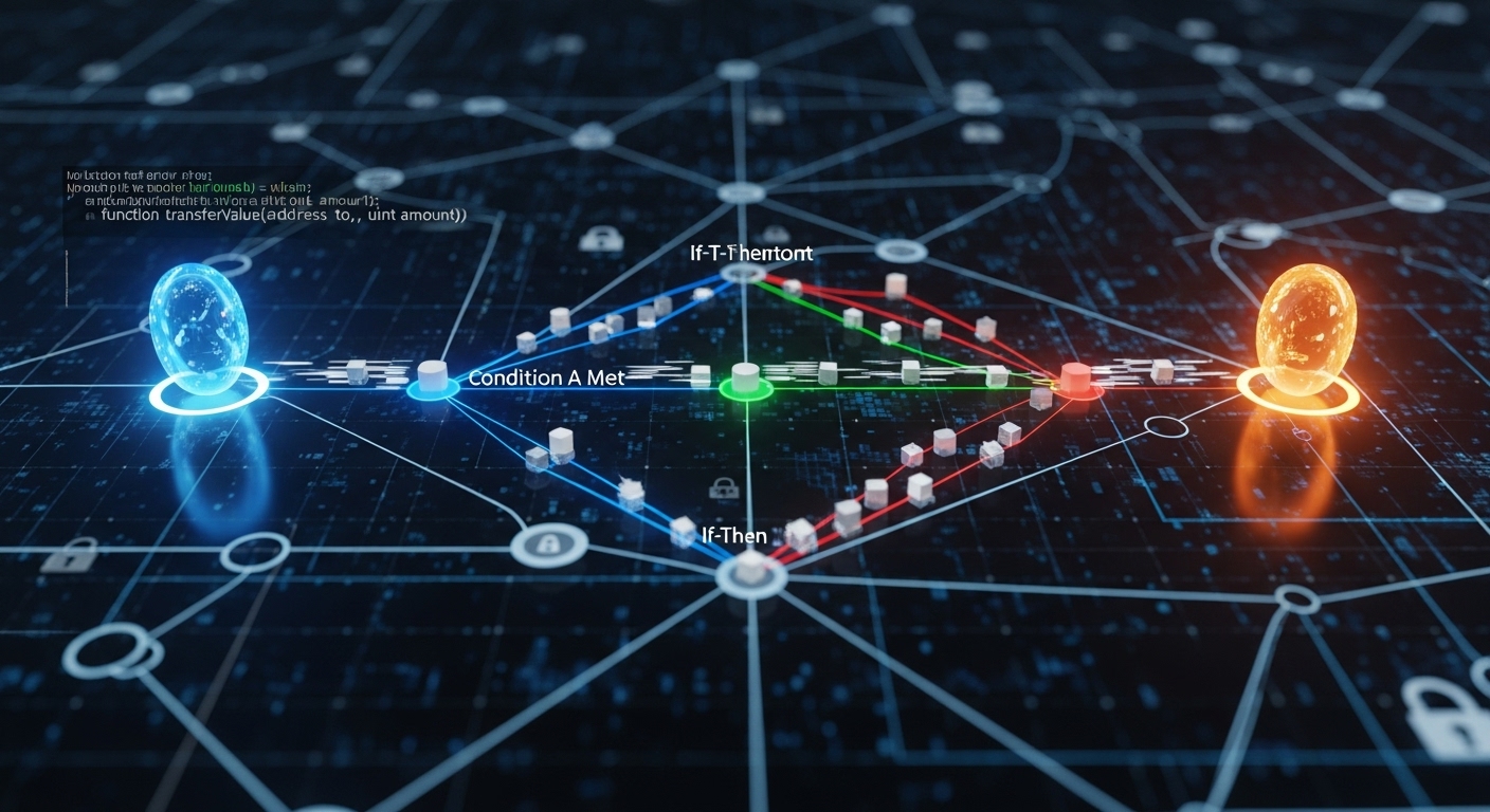 블록체인 위에서 미리 정해진 조건에 따라 두 디지털 개체가 자동으로 정보를 교환하는 스마트 컨트랙트의 추상적인 시각화. 투명하고 분산된 거래의 특징을 표현.