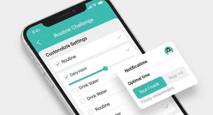 개인화된 습관 설정, 스마트 알림, 연속 기록 스트릭 등 '루틴 챌린지' 앱의 핵심 기능을 보여주는 스마트폰 화면 이미지.