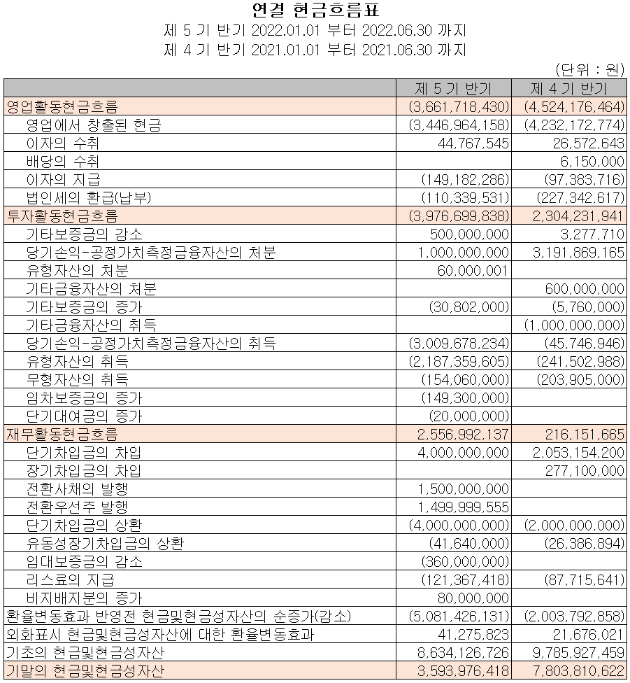네온테크 - 현금흐름표