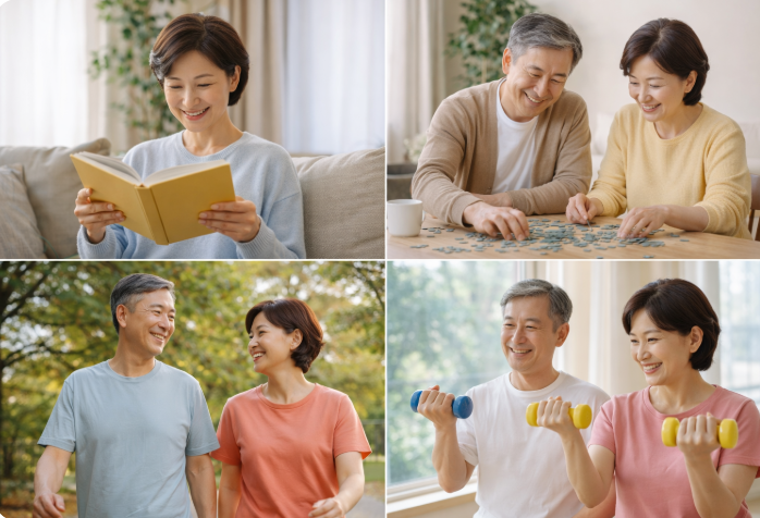 중장년 부부가 책을 읽고 퍼즐을 맞추며 실내에서 시간을 보내고, 공원 산책과 가벼운 운동으로 건강한 일상을 실천하는 모습