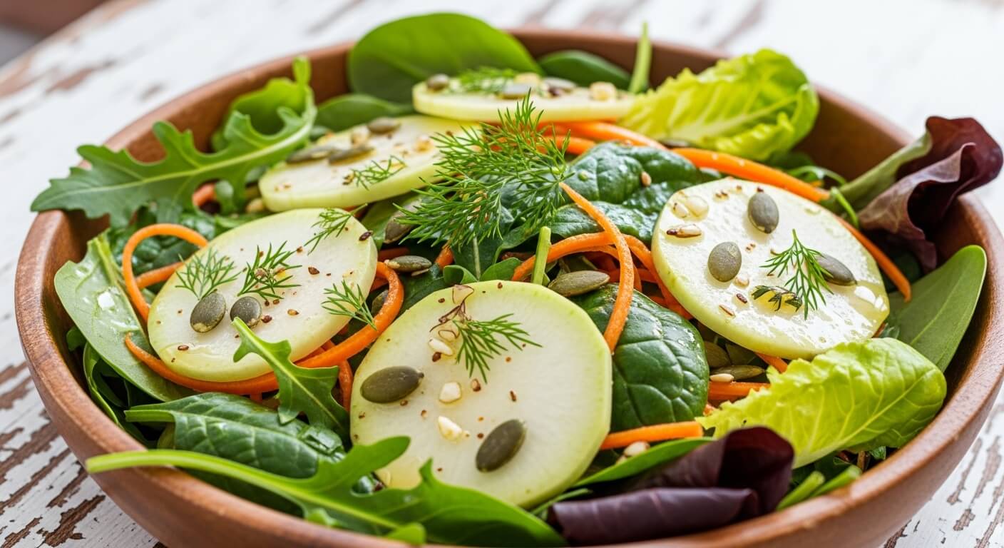 콜라비 슬라이스를 넣은 건강 샐러드 요리