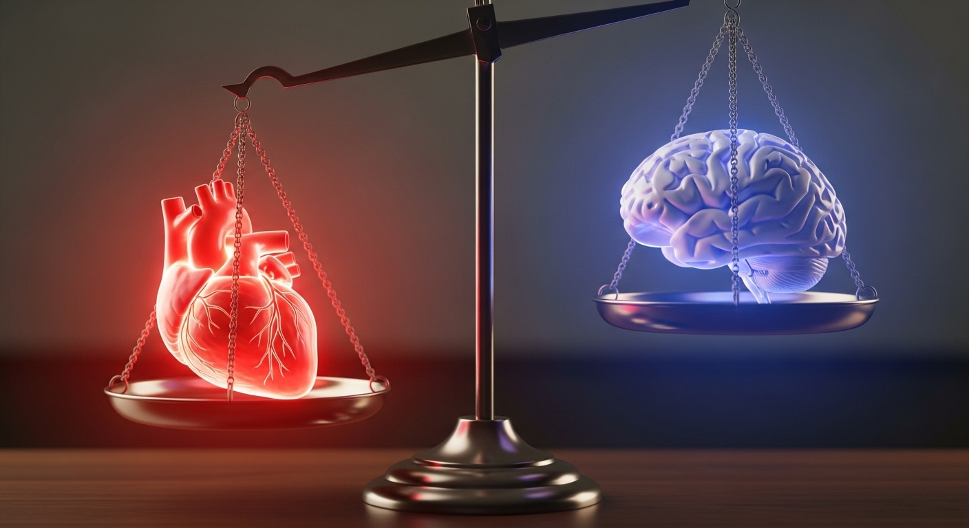 감정과 이성을 나타내는 심장과 뇌가 놓인 저울이 감정 쪽으로 기운 모습