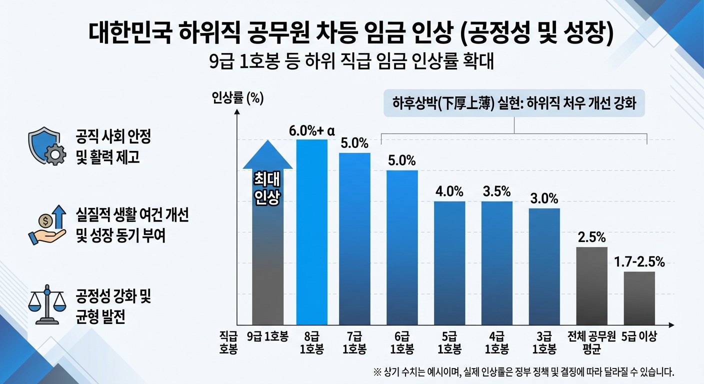 저연차 공무원의 보수 인상률이 차등 적용되는 것을 보여주는 인포그래픽. 9급 1호봉 등 하위 직급의 인상률이 더 높은 것을 시각적으로 표현.