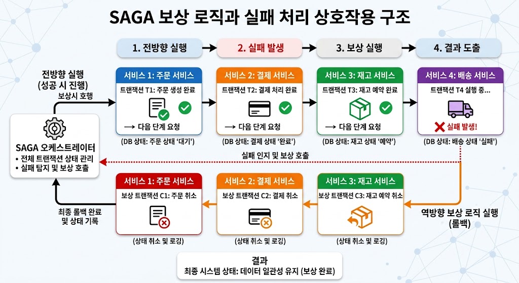 SAGA 패턴이 실패 시 보상 트랜잭션을 호출하여 데이터 정합성을 복구하는 과정을 설명하는 흐름도