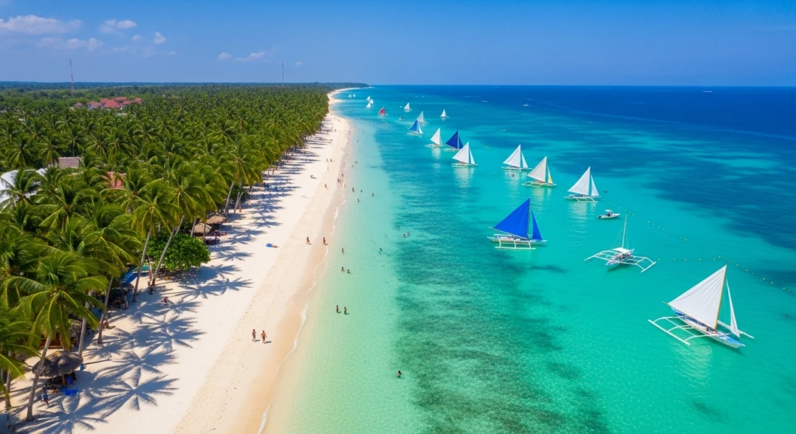 필리핀 보라카이 화이트 비치의 에메랄드빛 바다와 하얀 백사장