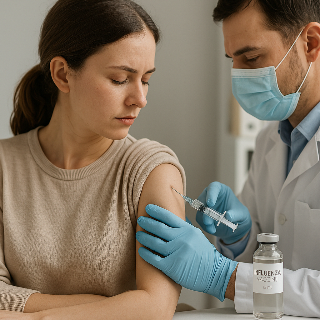 병원에서 백신 주사를 맞는 여성. 실사형 이미지