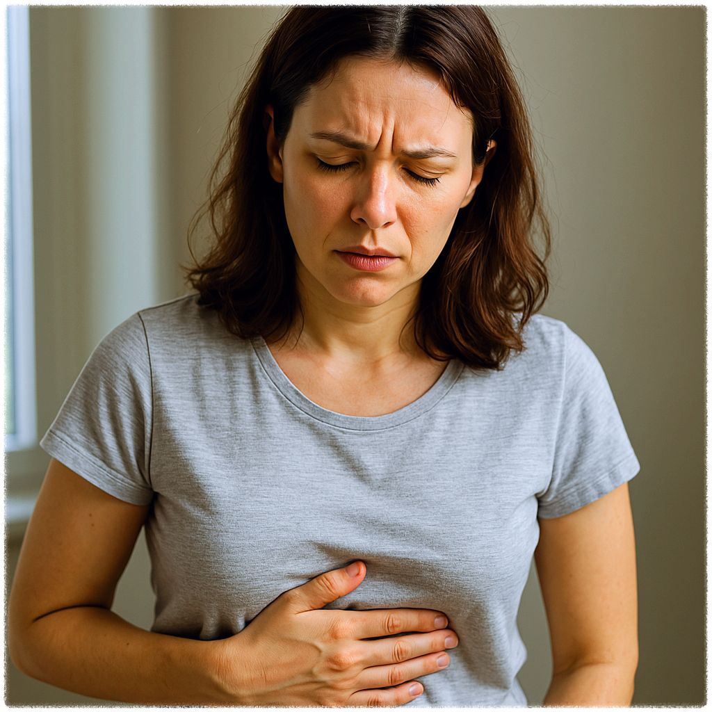 속이 더부룩 해서 불편한 배를 잡고 있는 이미지