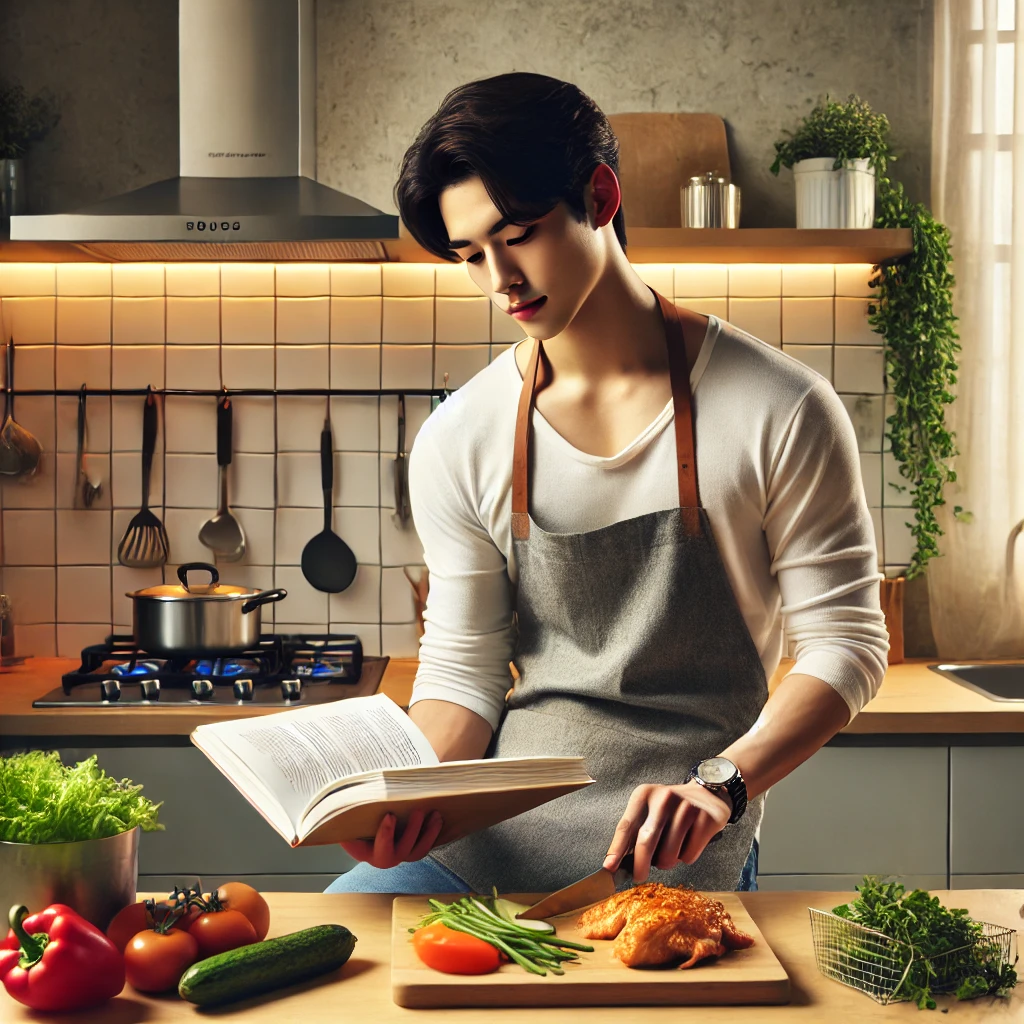현대식 주방에서 요리 책을 보며 신선한 재료로 건강식을 준비하는 젊은 남성