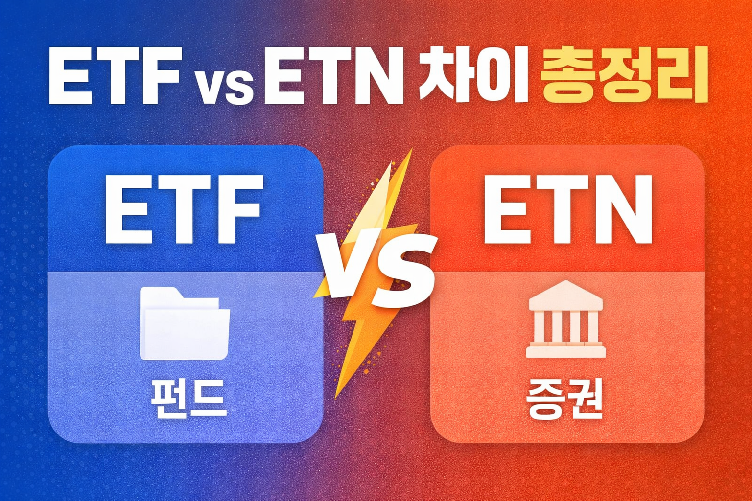 ETF vs ETN 차이 총정리 썸네일. ETF는 펀드, ETN은 증권 구조를 대비해 보여주는 비교형 이미지