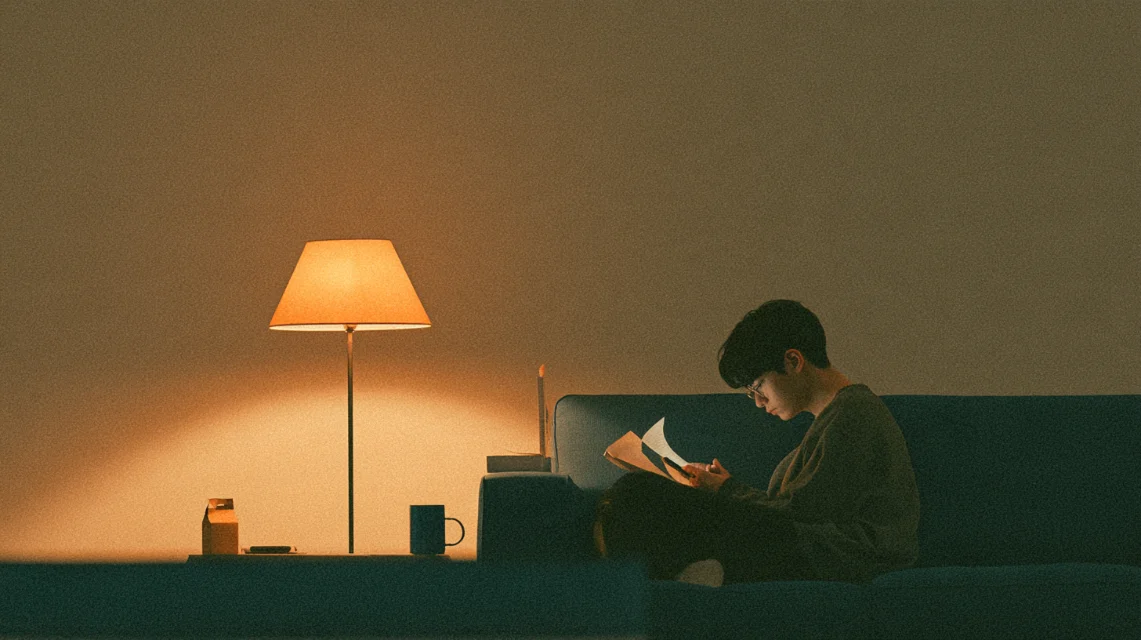 저녁 조명 아래 집에서 메시지를 읽는 사람