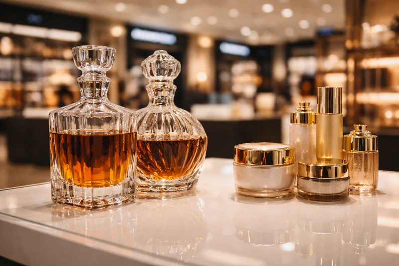 공항 면세점 분위기의 따뜻한 조명 아래, 반사되는 흰색 진열대 위에 고급 위스키 디캔터와 럭셔리 화장품 용기가 함께 놓여 있는 모습