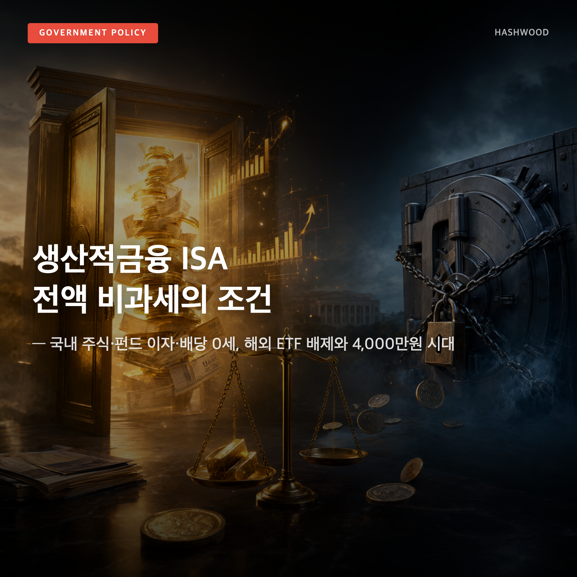 그림: 생산적금융 ISA 전액 비과세의 조건 — — 국내 주식·펀드 이자·배당 0세, 해외 ETF 배제와 4,000만원 시대