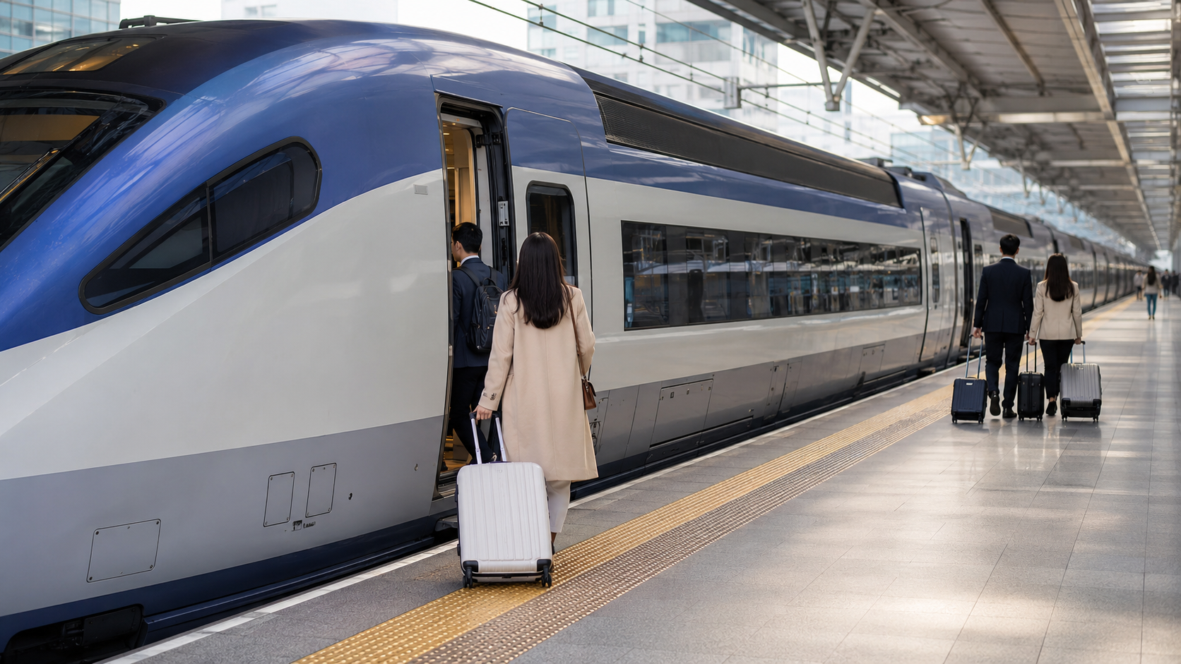 김천구미역 KTX 승강장과 출발을 기다리는 여행객 이미지