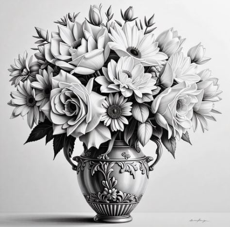 꽃과 꽃병 연필 드로잉