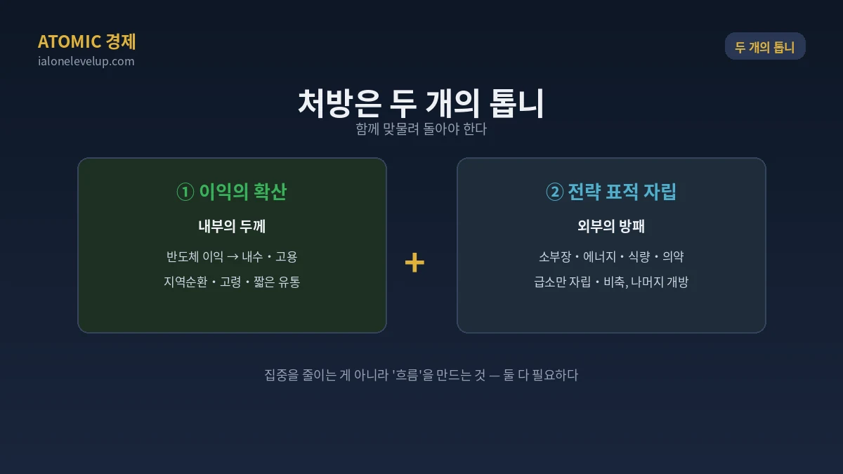 두 개의 톱니 이익의 확산 내부 두께 전략 표적 자립 외부 방패 반도체 이익 국민 삶으로 흐름 급소 방어