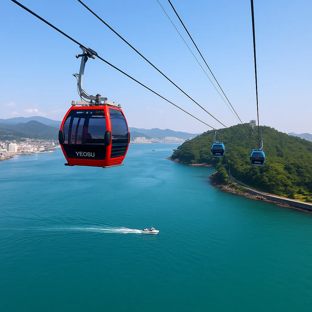 여수 해상케이블카가 바다 위를 지나며 섬과 도시를 연결하는 장면
