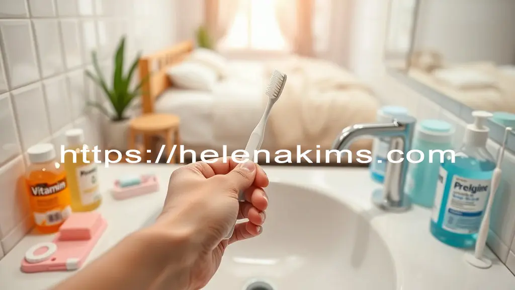 깨끗한 욕실에 가글액과 비타민C가 놓여 있고 사람의 손이 칫솔을 들고 있는 모습.