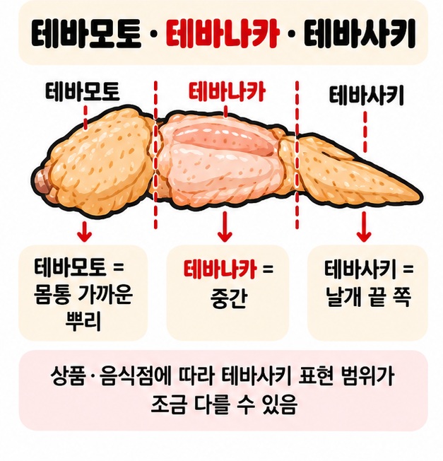 테바나카는 얇은 뼈 두 개가 있는 날개 중간 부위이고 테바사키는 날개 끝 쪽이라는 차이를 보여주는 카드