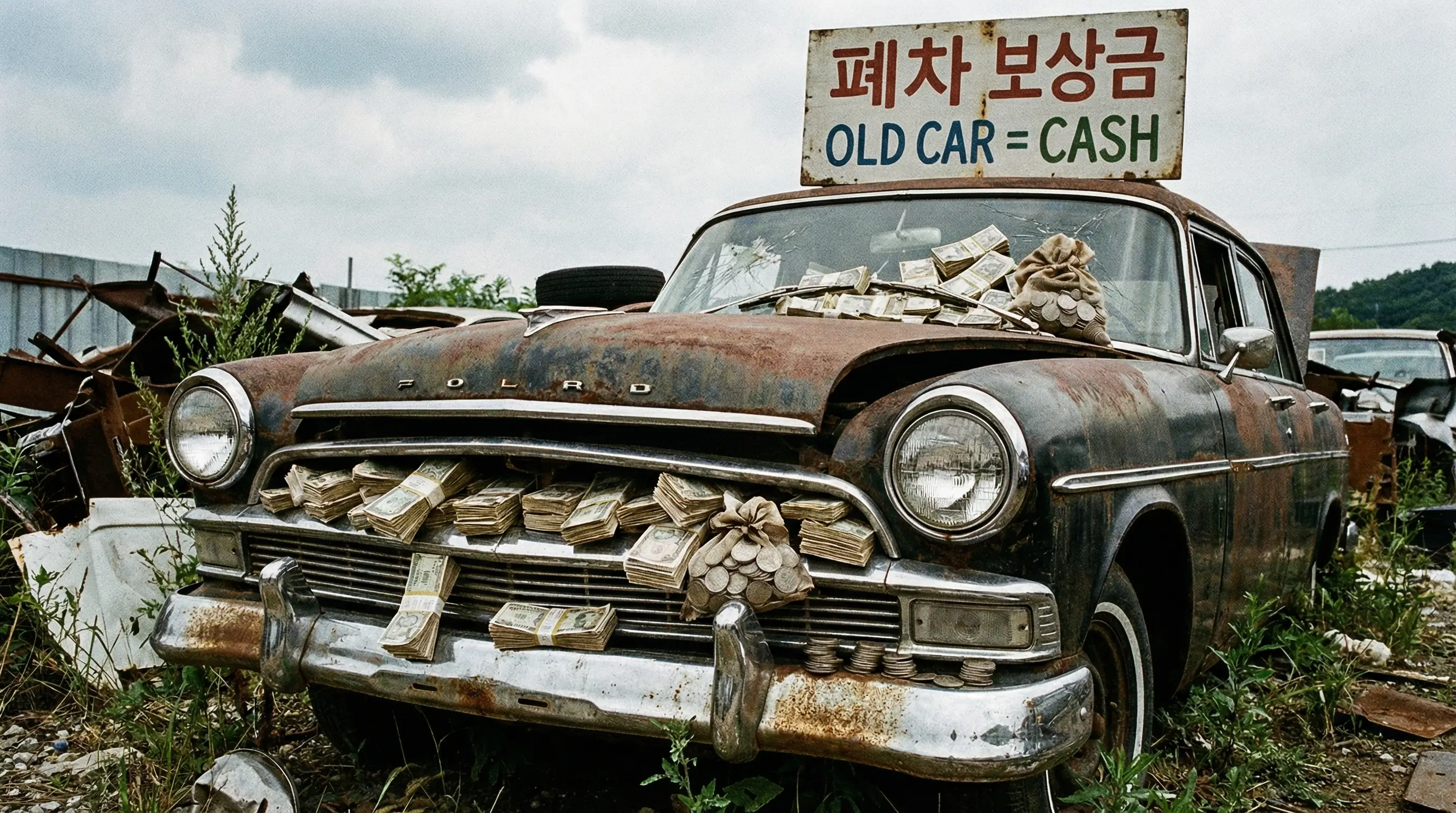 오래된 자동차 앞모습과 그 위에 쌓여있는 돈다발 이미지, 폐차 보상금을 상징