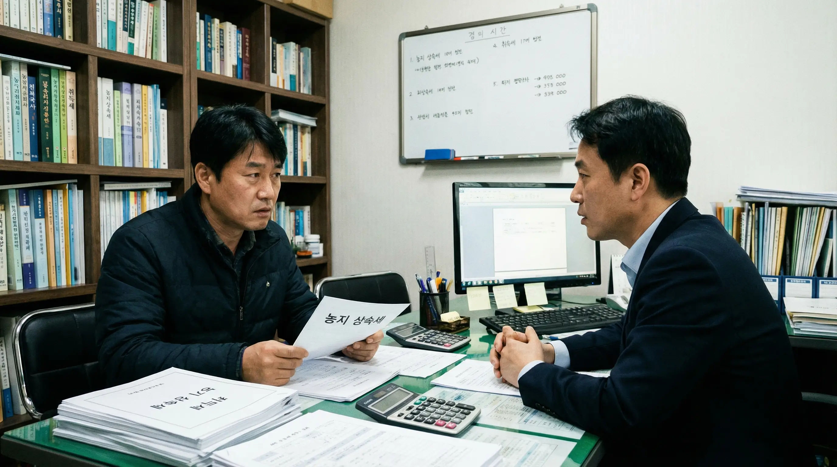세무사 사무실에서 한국인 40대 남성이 농지 상속세와 취득세 관련 서류를 보며 세무사에게 설명을 듣는 진지한 분위기