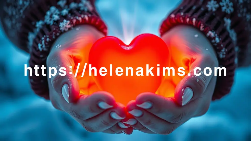 차가운 겨울 풍경 속, 따뜻한 온기가 느껴지는 두 손이 소중한 심장을 부드럽게 감싸고 있는 모습.