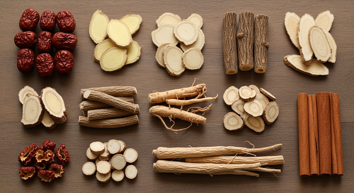 쌍화차를 만들기 위한 다양한 한약재 재료들이 나무 테이블 위에 정갈하게 놓여 있는 모습. 대추, 생강, 숙지황 등이 보입니다.