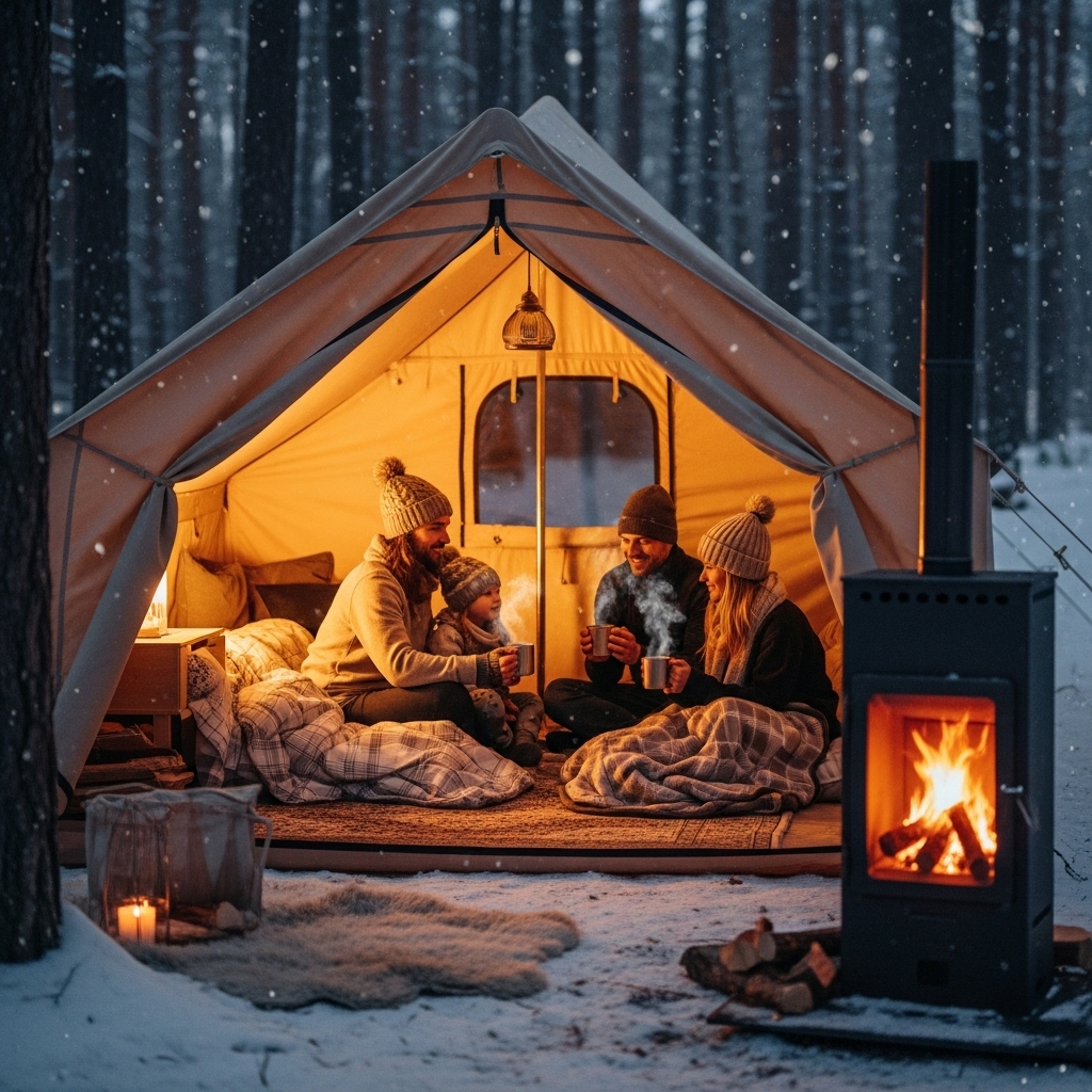 눈 덮인 겨울 숲 속 아늑한 난방 텐트에서 사람들이 따뜻하게 휴식하는 모습.