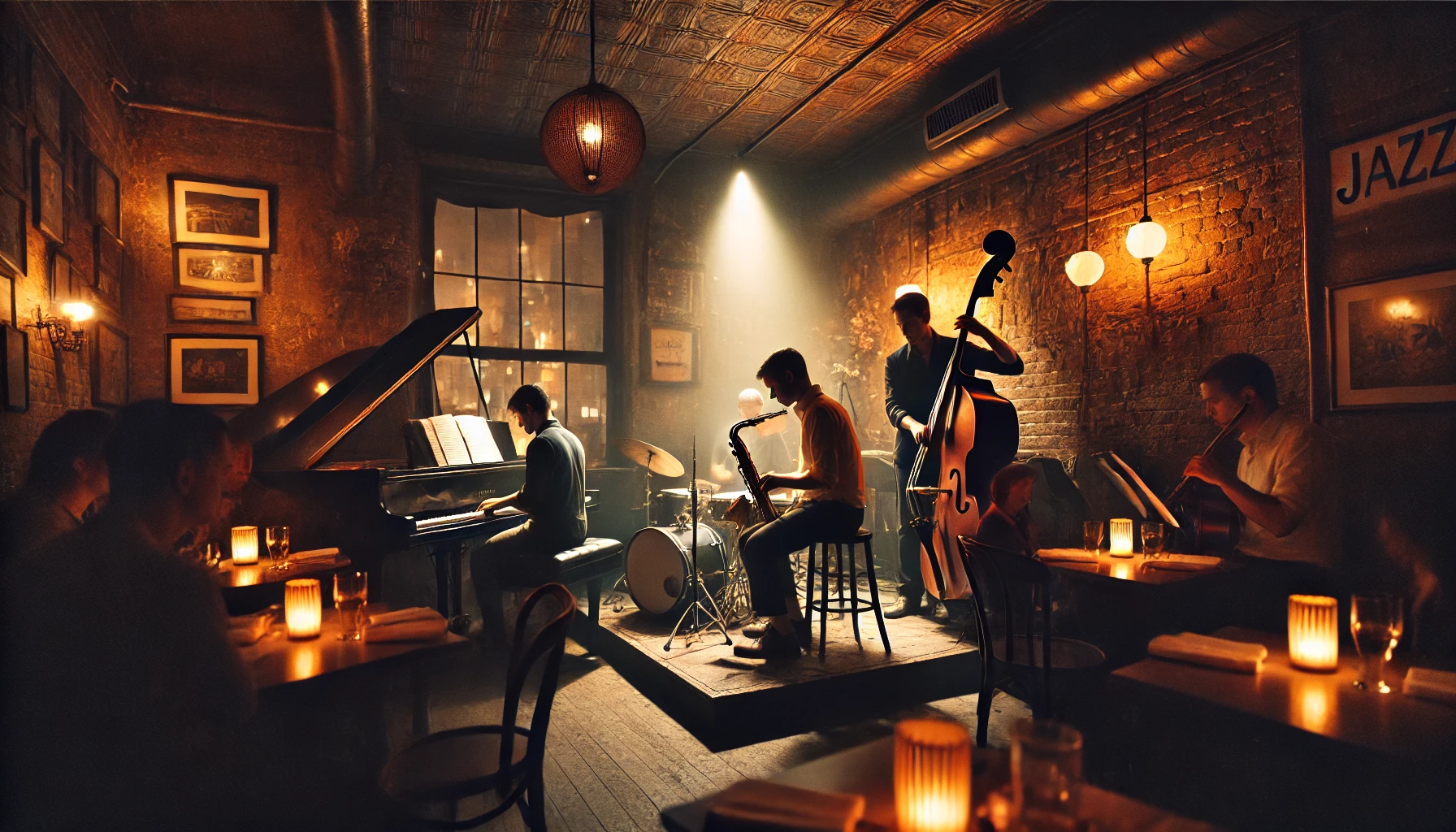 뉴욕 재즈 바에서 연주 중인 뮤지션과 분위기 있는 무대 사진