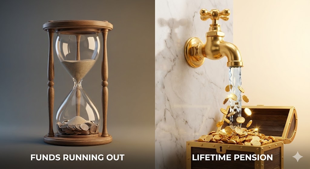 펀드(돈이 줄어드는 모래시계) VS 보험(계속 물이 나오는 수도꼭지/평생연금) 비교 이미지