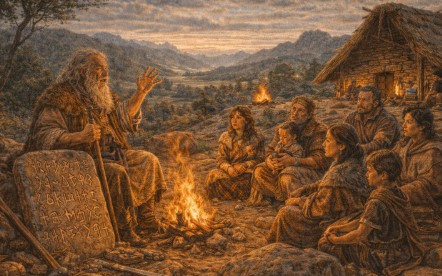 바스크 지역에서 할아버지가 공동체 사람들에게 구전 설화를 전하는 장면