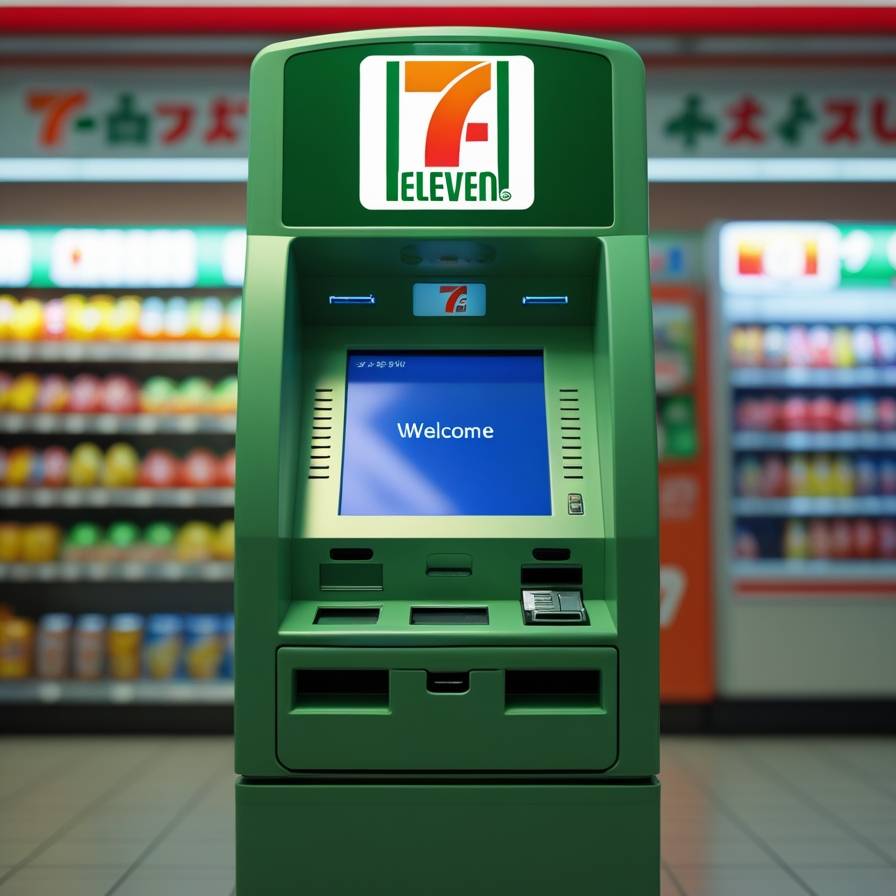 일본 세븐일레븐 편의점 내부에 설치된 녹색의 세븐뱅크 ATM 기기 정면 사진. 화면에는 초기화면이 켜져 있다