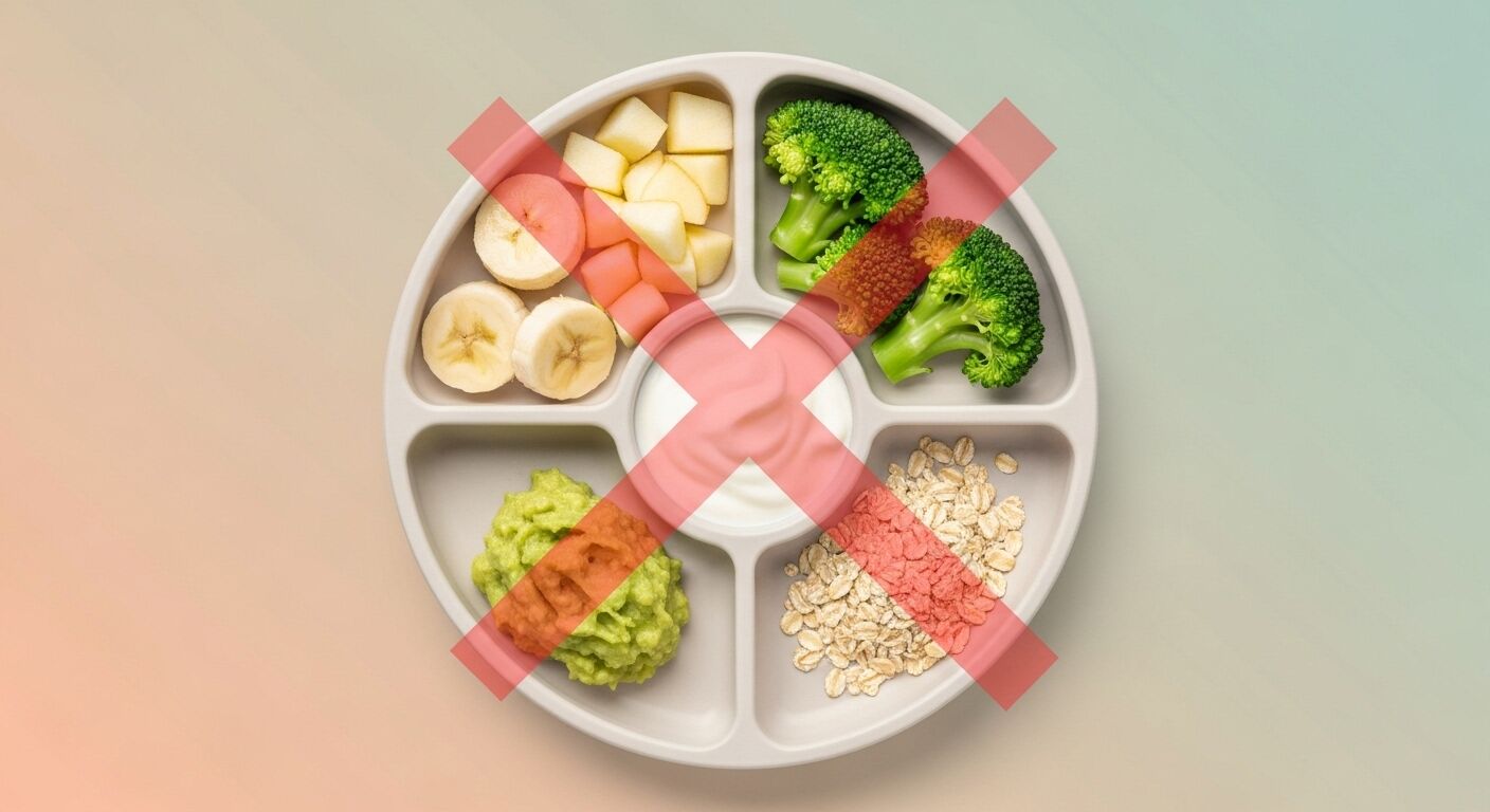 파스텔톤 배경에서 생과일·브로콜리·유제품·아보카도·귀리 등이 작은 아기 식판에 담겨 있고, 부드러운 붉은 X 표시가 살짝 덧입혀져 있는 감성적이면서 교육적인 이미지. 전체적으로 자극적이지 않고 편안한 분위기 속에서 ‘아기 설사 시 조심해야 하는 재료’를 부드럽게 전달하는 느낌