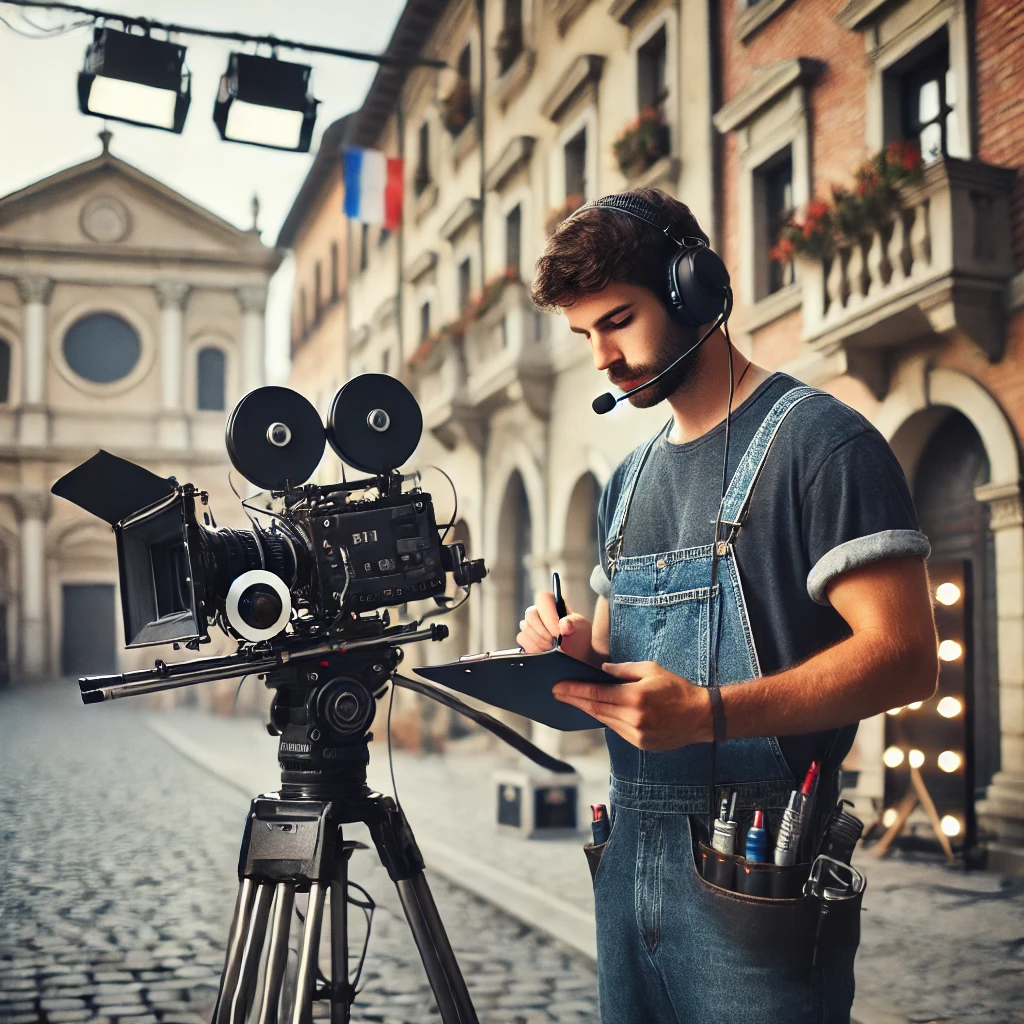 남자가 유럽 영화세트장에서 일을 하고 있는 사진