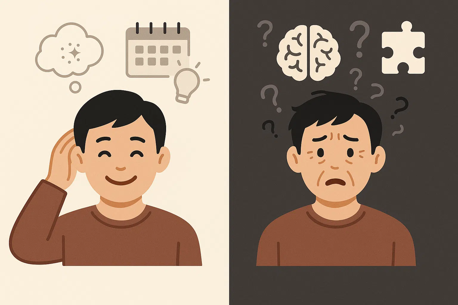 왼쪽은 밝은 색(건망증, 웃는 표정), 오른쪽은 어두운 색(치매, 혼란스러운 표정), 기억의 차이와 특징을 아이콘으로 단순하게 시각화